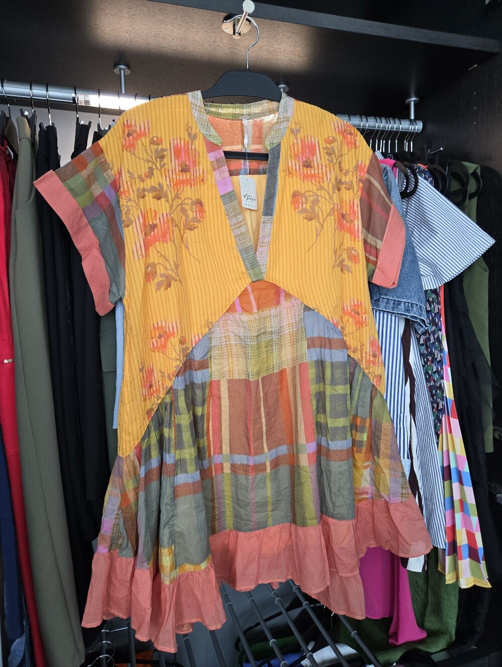 Free People Yellow & Coral Patchwork Midi Dress